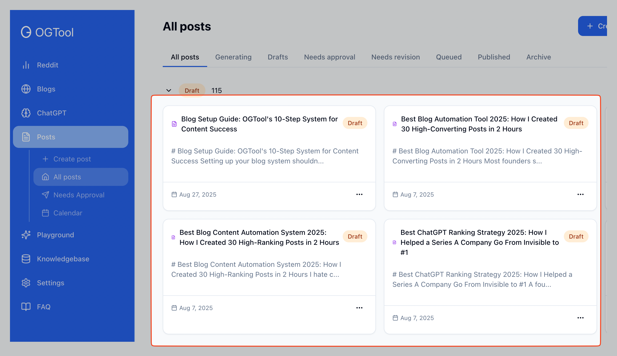 This image displays the 'All posts' section of the OGTool content management dashboard, specifically focused on the 'Draft' tab. The dashboard sidebar on the left includes navigation options such as Reddit, Blogs, ChatGPT, Posts (with sub-options like Create post, All posts, Needs Approval, Calendar), Playground, Knowledgebase, Settings, and FAQ. The main content area shows four draft blog posts cards with titles, brief excerpts, draft status tags, and publication dates from 2025. The posts highlight themes of blog automation, content success systems, and ChatGPT ranking strategies. This interface is designed for managing and organizing blog posts and other content types efficiently within OGTool.
