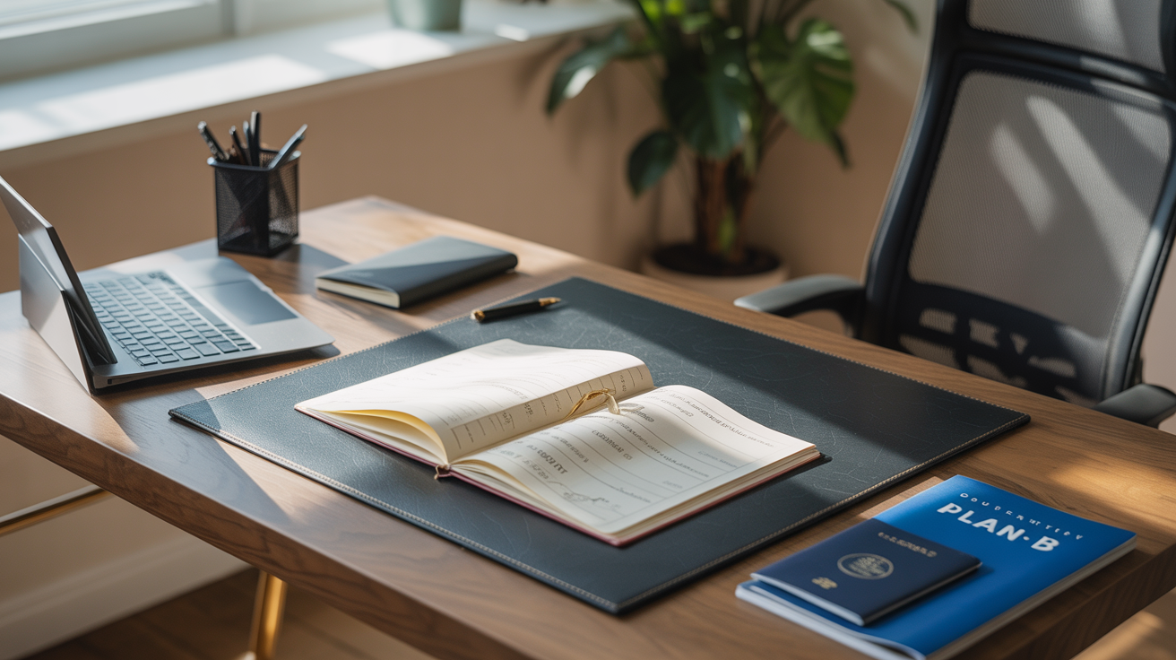 Organized Office Workspace with Notebook, Laptop, and Documents This image depicts a clean and organized wooden office desk setup bathed in natural light from a nearby window. On the desk, there is an open notebook placed on a large black desk pad, a closed small notebook, and a pen. To the left, there is an open laptop and a pen holder containing pens, while to the right, there is a blue folder titled 'Plan B' with a passport placed on top of it. In the background, a green potted plant adds a touch of nature to the workspace. The office chair next to the desk has a mesh backrest for ergonomic support. This setup conveys a professional and productive work environment, suitable for remote work, planning, or study purposes.