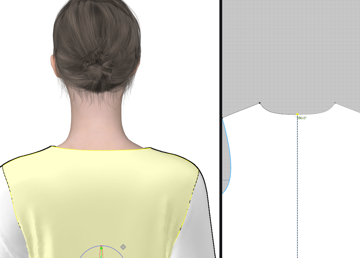 This image illustrates a 3D digital garment fitting on a human model viewed from the back. The garment part shown is a yellow fabric covering the upper back and shoulders. On the right side of the image, the corresponding 2D digital sewing pattern for this garment piece is visible, displaying precise contour lines and measurements. This setup is typically used in digital fashion design and pattern making to simulate and refine garment fit before physical production.