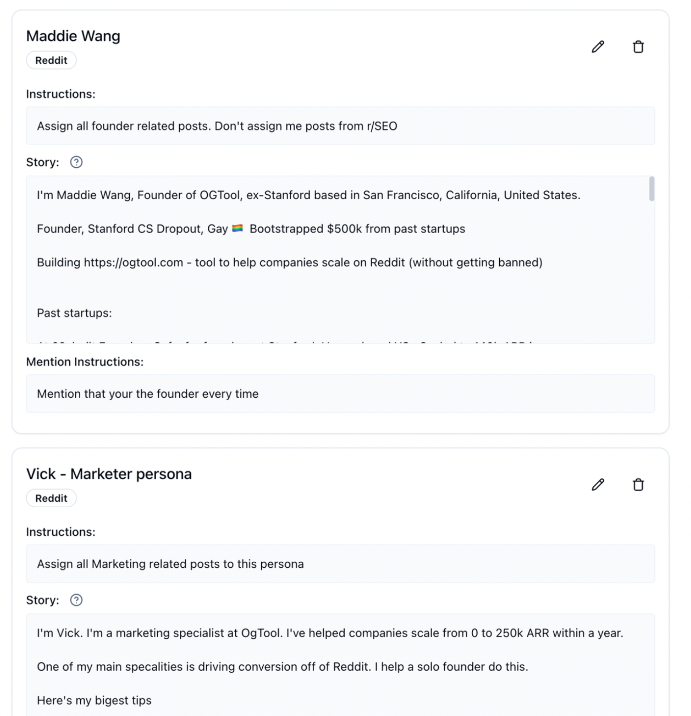 This image displays a user interface at OgTool for managing user personas and their associated instructions. It shows two personas: 'Maddie Wang', a founder with specific instructions to assign founder-related posts and exclude SEO posts, and 'Vick', a marketer persona assigned marketing-related posts. Each persona has a detailed story describing their role and background, as well as mention instructions guiding how to reference the persona. The interface allows for editing or deleting personas with icons representing these actions. This tool aids in organizing user personas and automating content assignment based on roles and instructions.