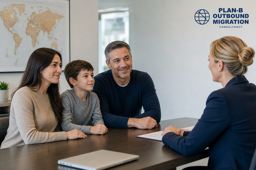 Family Consultation with Migration Consultant at Plan-B Outbound Migration The image shows a family of three — a woman, a young boy, and a man — sitting together at a desk in a professional office setting. They are engaged in a discussion with a female migration consultant seated opposite them. The consultant has a document and pen in front of her, suggesting a formal consultation or planning session. In the background, a world map is visible on the wall, emphasizing the global context of migration services. The top right corner of the image displays the logo and name 'PLAN-B OUTBOUND MIGRATION CONSULTANCY,' indicating the company's focus on providing outbound migration consultancy services. This image is suitable for use in marketing, informational, or educational materials related to family migration planning and consultancy services.