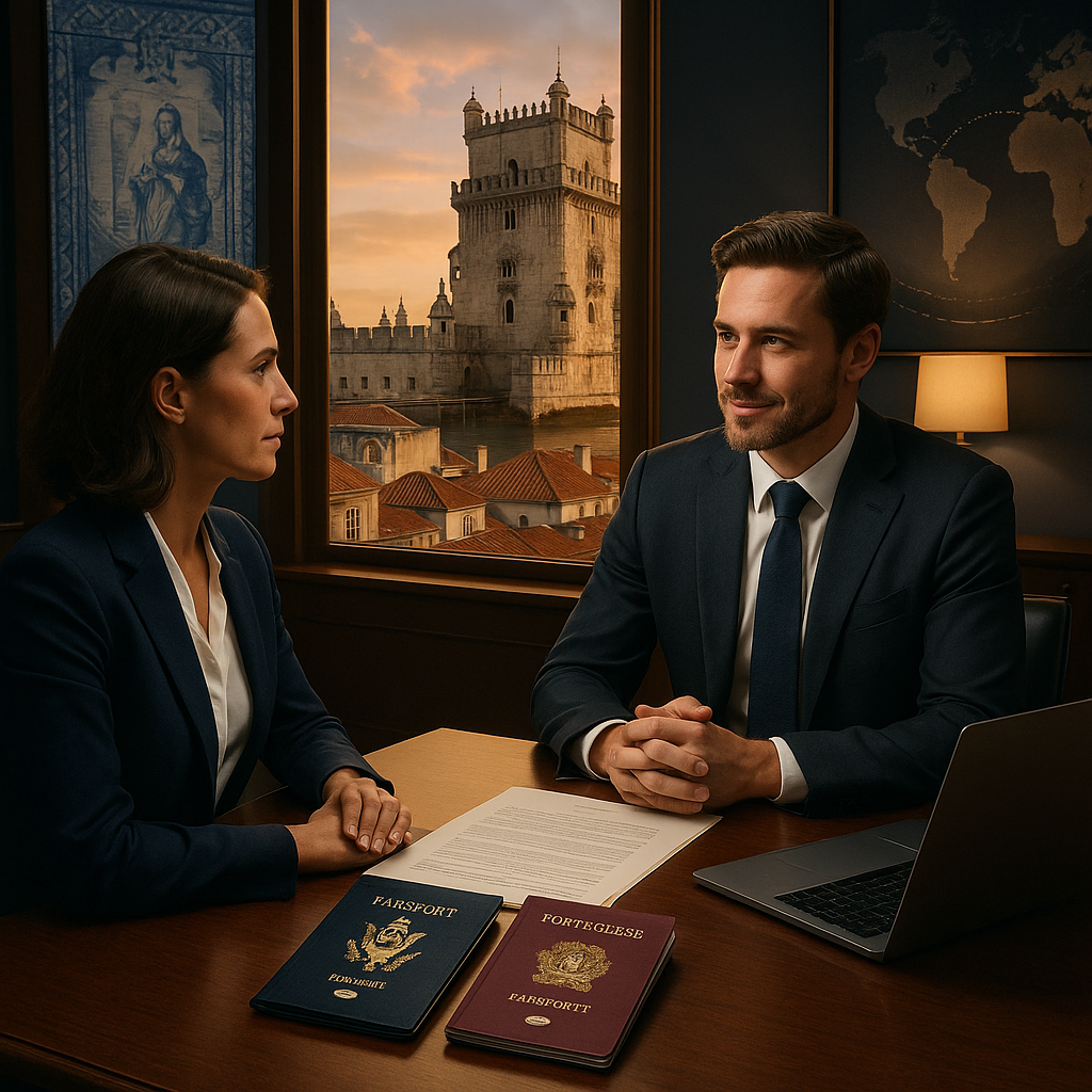 This image shows a professional business meeting between a man and a woman seated at a wooden table in an office setting. On the table, there are two passports labeled 'Farsfort' and 'Fortegiese Farsfort,' alongside an official document and a laptop. Through the window behind them, a scenic view of the historic Belem Tower in Lisbon during sunset is visible. The office walls feature a world map and a classical artwork, contributing to an international and sophisticated ambiance. This image could be used to illustrate themes related to international business, travel documentation, diplomatic meetings, or global cooperation.
