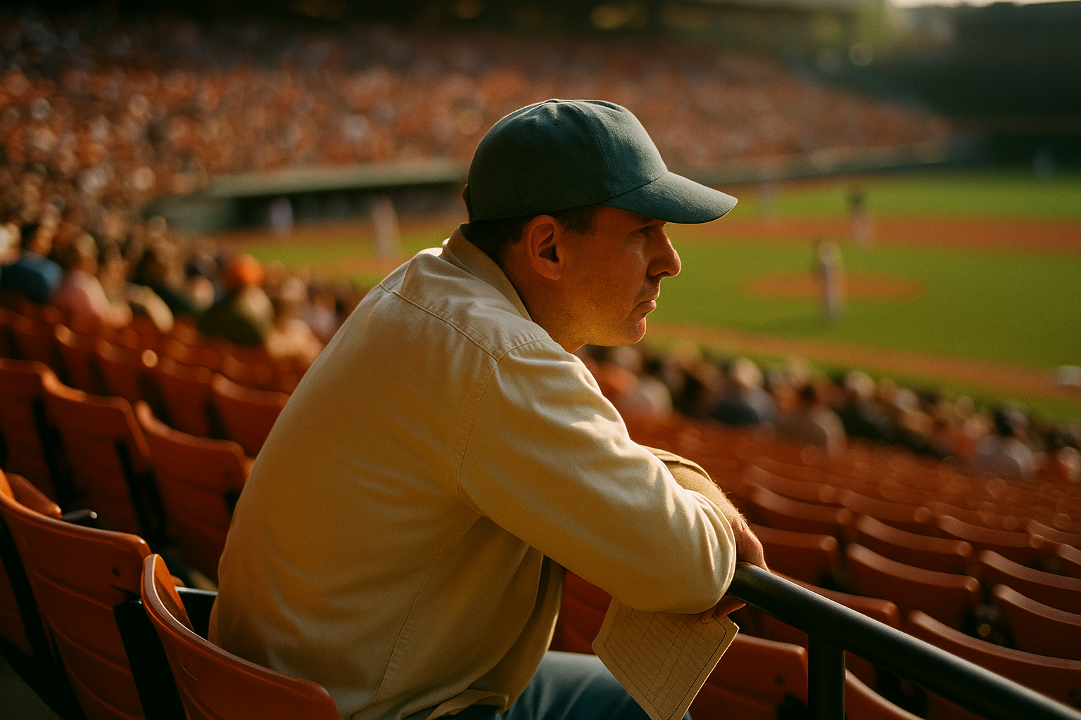 A fan in a teal cap leans on a stadium railing watching a baseball game as golden-hour light washes over rows of orange seats.