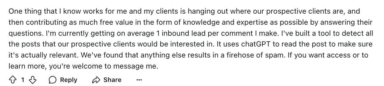 Reddit Comment Demonstrating Lead Generation Strategy Using ChatGPT Tool