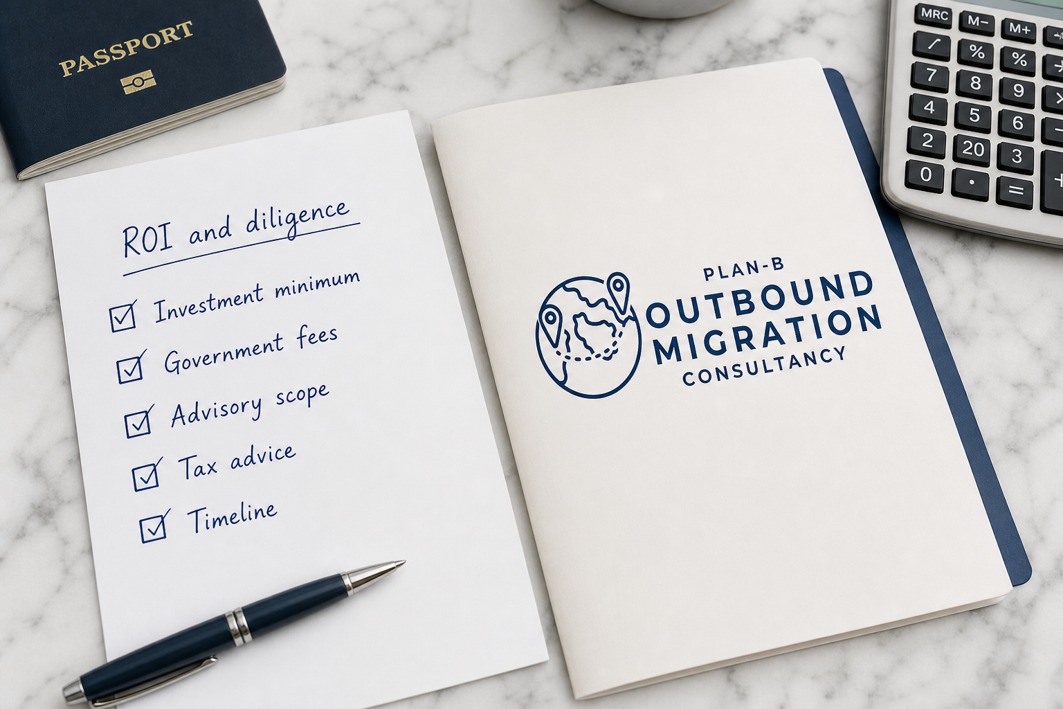 Outbound Migration Consultancy ROI and Diligence Checklist The image shows a workspace featuring materials related to an outbound migration consultancy service named 'Plan-B'. There is a brochure or folder prominently displaying the consultancy's logo and name. Next to this folder, a handwritten checklist titled 'ROI and diligence' details five key points: Investment minimum, Government fees, Advisory scope, Tax advice, and Timeline, each marked with a checkbox. Additional items include a pen, a passport, and a calculator on a marble surface, indicating a professional setting focused on migration planning, financial considerations, and advisory services.