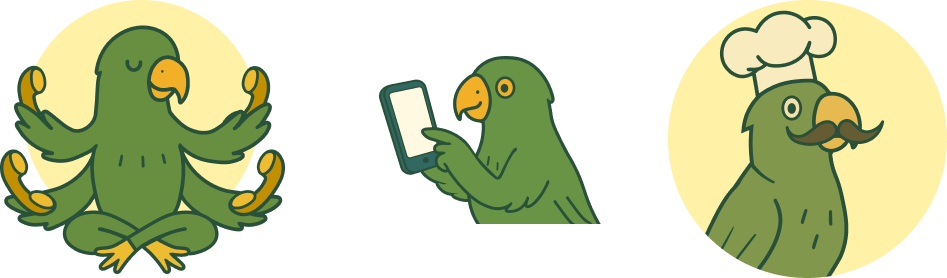 This image features three separate illustrations of a green parrot character. The first parrot is depicted in a meditative pose with six arms, eyes closed, and a calm expression, suggesting mindfulness or yoga. The second parrot is shown holding and interacting with a smartphone, indicating modern technology use or communication. The third parrot wears a chef's hat and sports a mustache, symbolizing culinary expertise or a cooking theme. Each parrot is set against a circular light yellow background, making them distinct and visually focused. This image can be used for educational, entertainment, or branding purposes involving parrot characters or themes related to mindfulness, technology, and cooking.