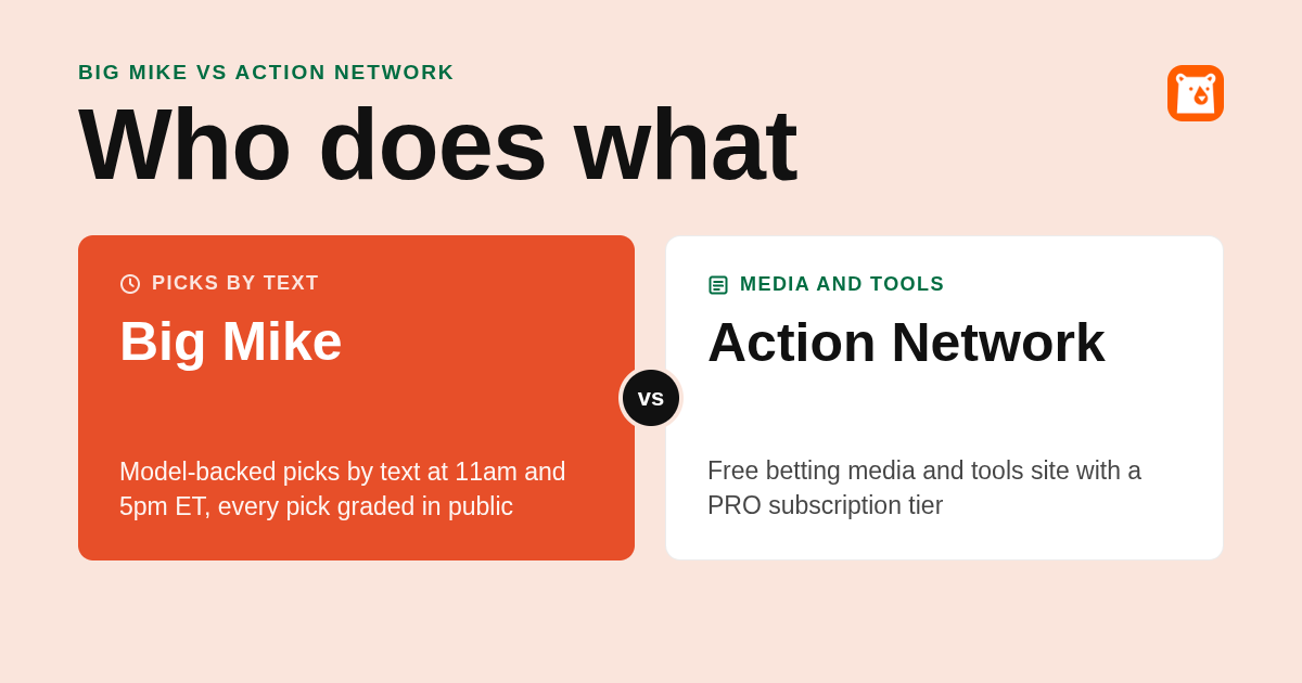 Side by side summary of Big Mike vs Action Network sports betting picks services
