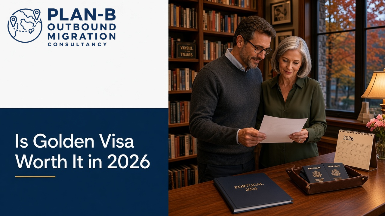 This image features a mature couple reviewing documents together in a well-appointed office with bookshelves and a window revealing autumn foliage outside. On the desk, there are two passports, a book titled 'Portugal 2026', and a 2026 calendar, suggesting a focus on international migration or residency planning. The left side of the image contains branding for 'Plan-B Outbound Migration Consultancy' alongside the text 'Is Golden Visa Worth It in 2026'. This image is suited for professional content discussing the benefits and considerations of Golden Visa programs for prospective migrants or investors in 2026.