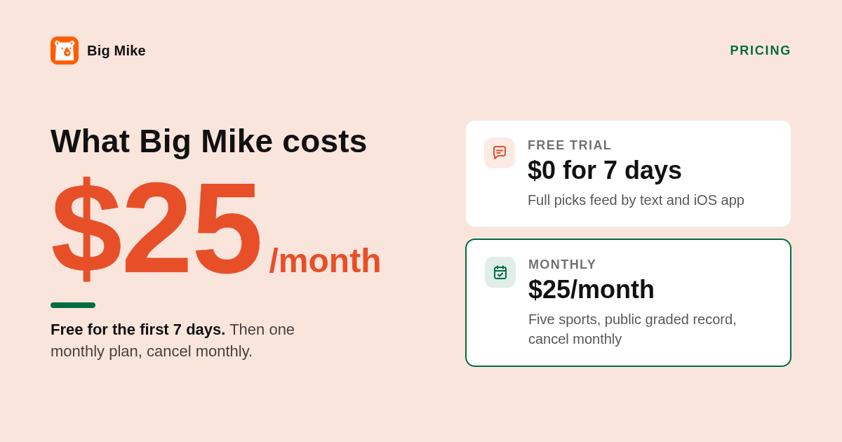 Big Mike sports betting picks pricing: free 7-day trial then $25 per month