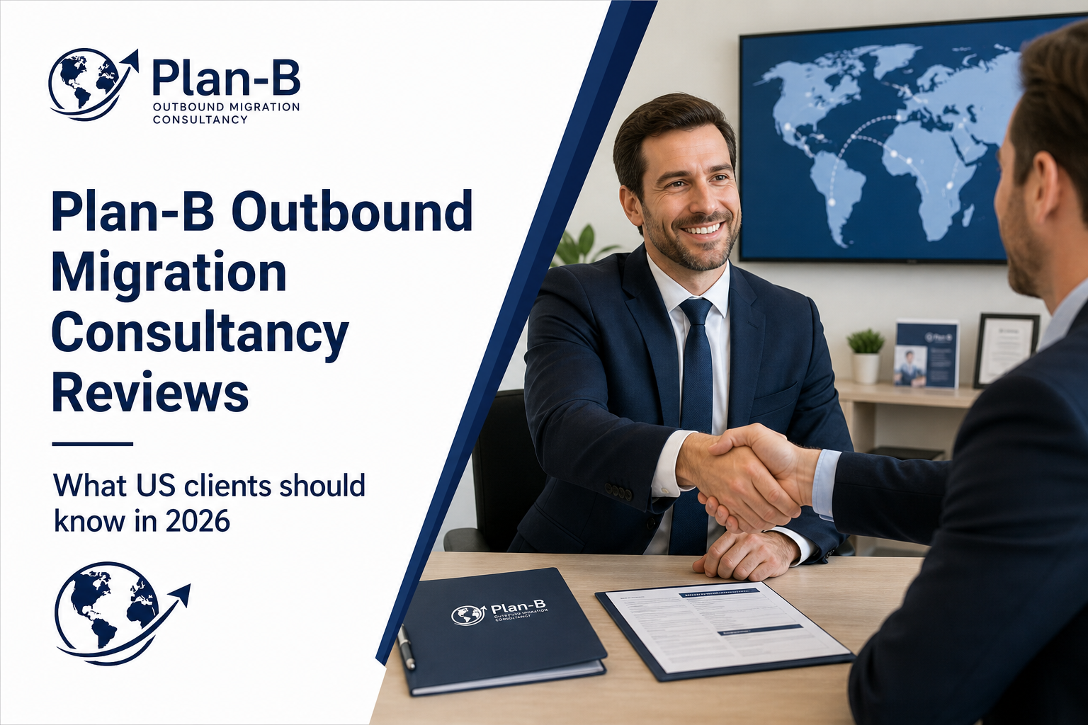 Plan-B Outbound Migration Consultancy Reviews for US Clients in 2026 This professional image features a business setting where a migration consultant and a client are engaged in a handshake, indicating a successful consultation. The left side of the image displays text promoting 'Plan-B Outbound Migration Consultancy Reviews,' specifically targeting US clients with information relevant for 2026. The setting includes branded materials from Plan-B, such as a folder and visible signage, along with a world map in the background, highlighting the consultancy's global focus. This image can be used for marketing, informational content, or reviews related to outbound migration consultancy services.