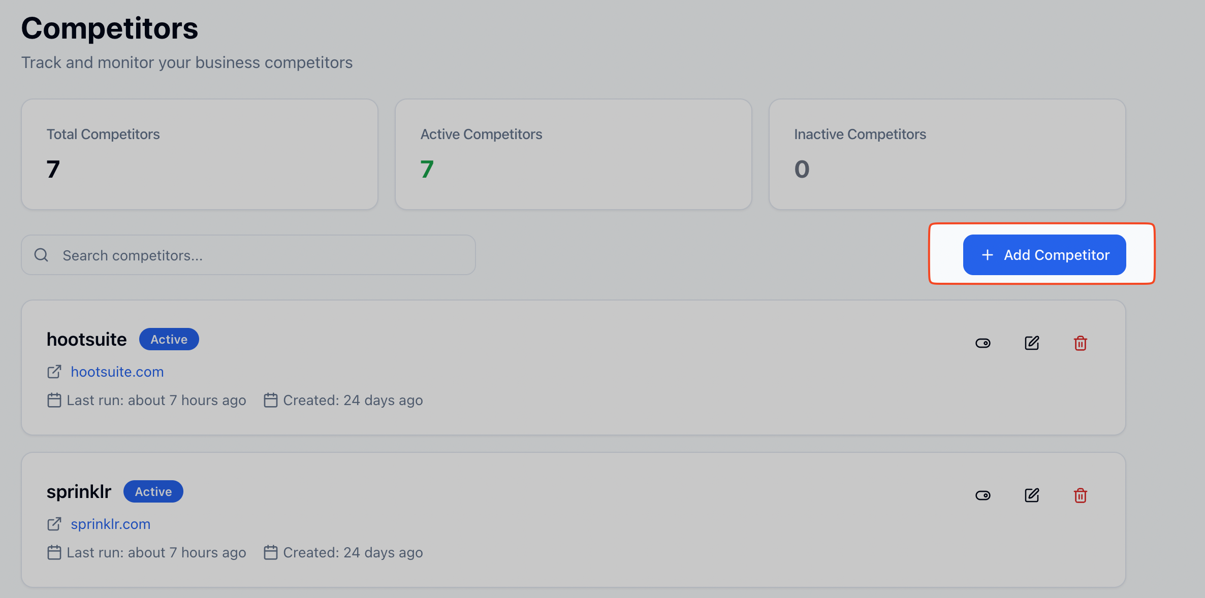 This image shows a user interface screen from a business intelligence or competitor tracking platform. The dashboard is titled 'Competitors' and is designed to track and monitor business competitors. It displays summary statistics including the total number of competitors (7), active competitors (7), and inactive competitors (0). Below these statistics is a search bar to filter competitors by name. Two competitor entries are listed, 'hootsuite' and 'sprinklr,' both marked as active with links to their websites. Additional details for each include the last run time for data update (about 7 hours ago) and the creation date (24 days ago). Each competitor entry includes options to toggle status, edit details, or delete the entry. A prominent blue button labeled '+ Add Competitor' allows users to add new competitors to monitor. This interface is useful for businesses wanting to keep track of competitive activity in a streamlined and organized manner.
