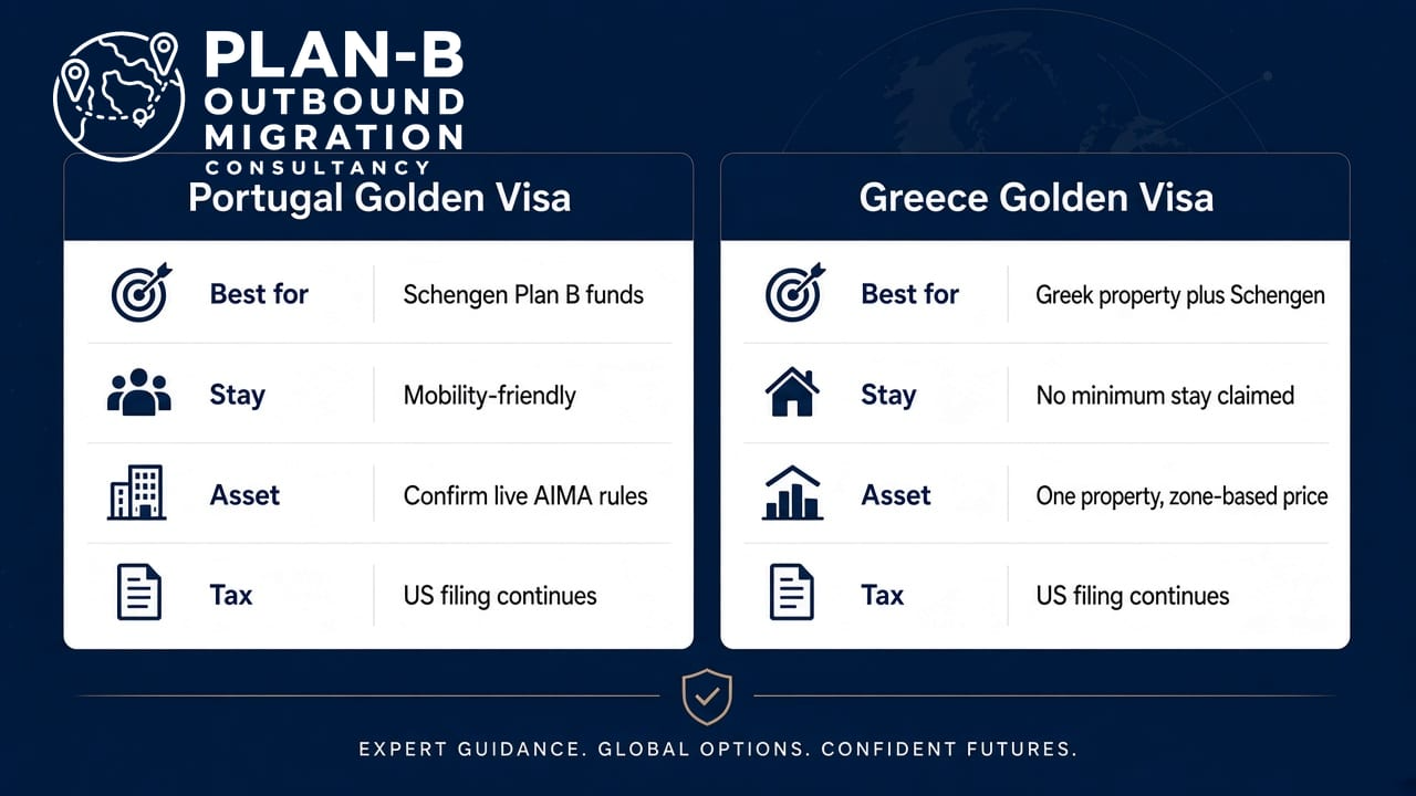 This image presents a side-by-side comparison of the Portugal Golden Visa and Greece Golden Visa programs, highlighting key categories like Best for, Stay, Asset, and Tax. The Portugal Golden Visa is characterized as best for Schengen Plan B funds, is mobility-friendly regarding stay requirements, needs confirmation on live AIMA rules for assets, and requires ongoing US tax filing. Conversely, the Greece Golden Visa is best suited for Greek property acquisition combined with Schengen benefits, imposes no minimum stay requirement, requires purchase of one property with zone-based pricing for the asset, and also mandates continued US tax filing. The image serves as a concise consultancy guide to help individuals compare outbound migration options from a financial and legal perspective.