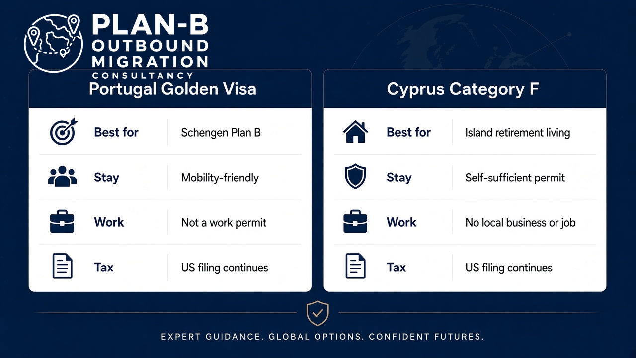 This image provides a side-by-side comparison between the Portugal Golden Visa program and the Cyprus Category F residency permit. It highlights key aspects such as best use cases, stay allowances, work permissions, and tax implications for both options. The Portugal Golden Visa is noted for its Schengen mobility advantages, being mobility-friendly but not a work permit, with continued US tax filing requirements. Conversely, the Cyprus Category F is best suited for island retirement living, offers a self-sufficient permit without local employment or business opportunities, and also requires US tax filing to continue. The image is branded with Plan-B Outbound Migration Consultancy and includes a tagline emphasizing expert guidance and confident futures.