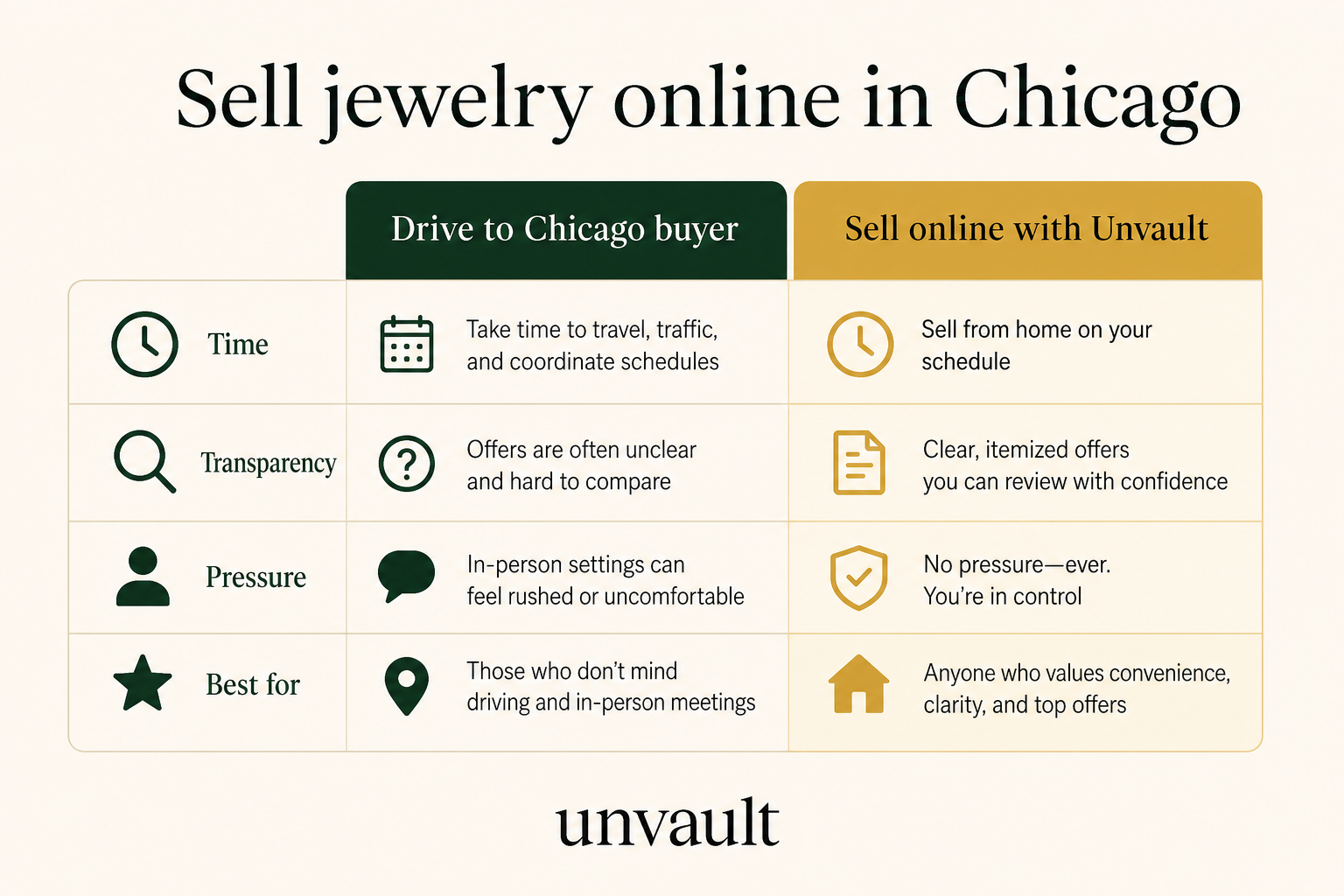 Infographic comparing Chicago walk-in buyers with selling jewelry online through Unvault