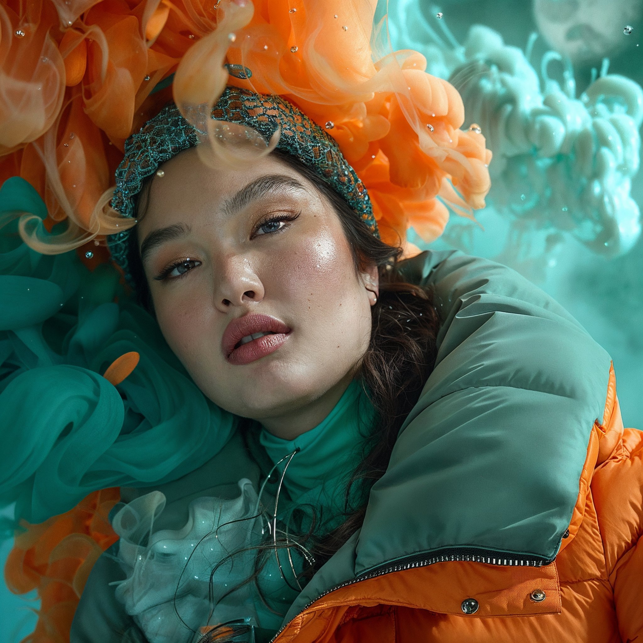 This is a close-up portrait of a woman surrounded by vibrant ink swirls in teal and orange. The woman has smooth, glowing skin and natural makeup with emphasis on her eyes and lips. She wears a greenish teal padded jacket with an orange lining and a decorative headpiece that blends with the orange ink swirls. The background features a dynamic mix of teal and orange fluids, creating an artistic and surreal atmosphere. The image combines portrait photography with abstract color art, suitable for fashion editorials, creative advertising, or art projects.