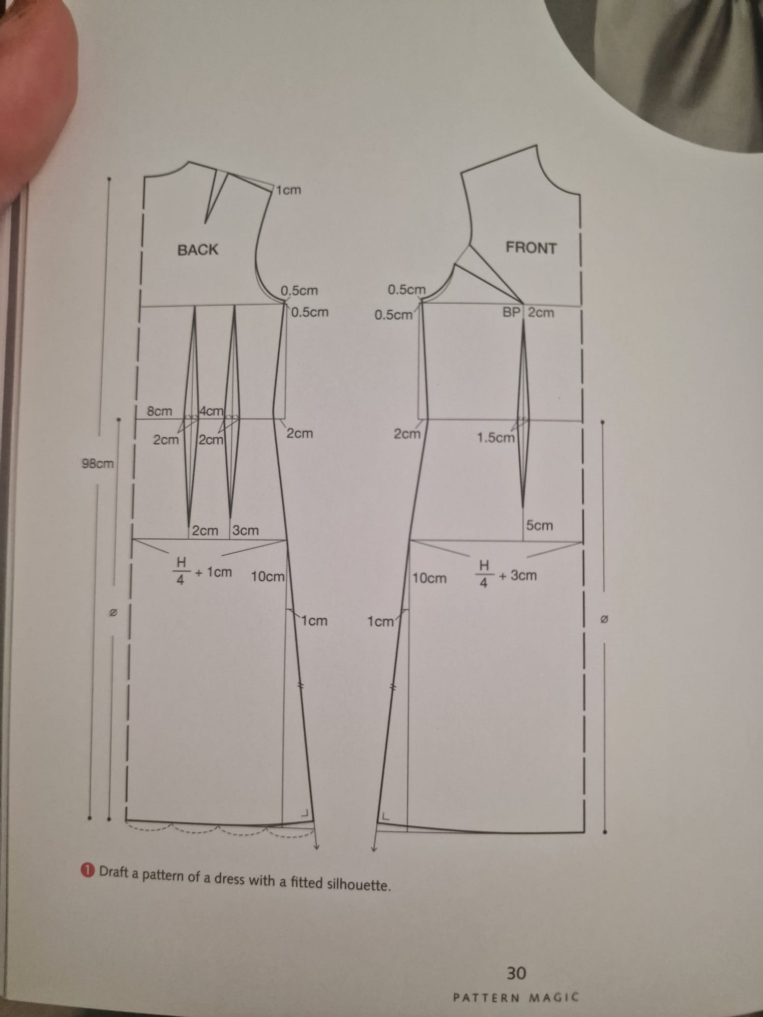 This image shows technical drawings of a dress pattern with a fitted silhouette, including front and back views. Detailed measurements in centimeters mark key alterations and seam allowances for drafting the dress pattern, such as bust points, darts, and overall dress length. The drawing provides precise dimensions for creating a well-fitted dress, illustrating the placement and size of darts on both the back and front bodice, as well as skirt length and shaping. This pattern guide is useful for fashion design professionals and students for accurate garment construction.