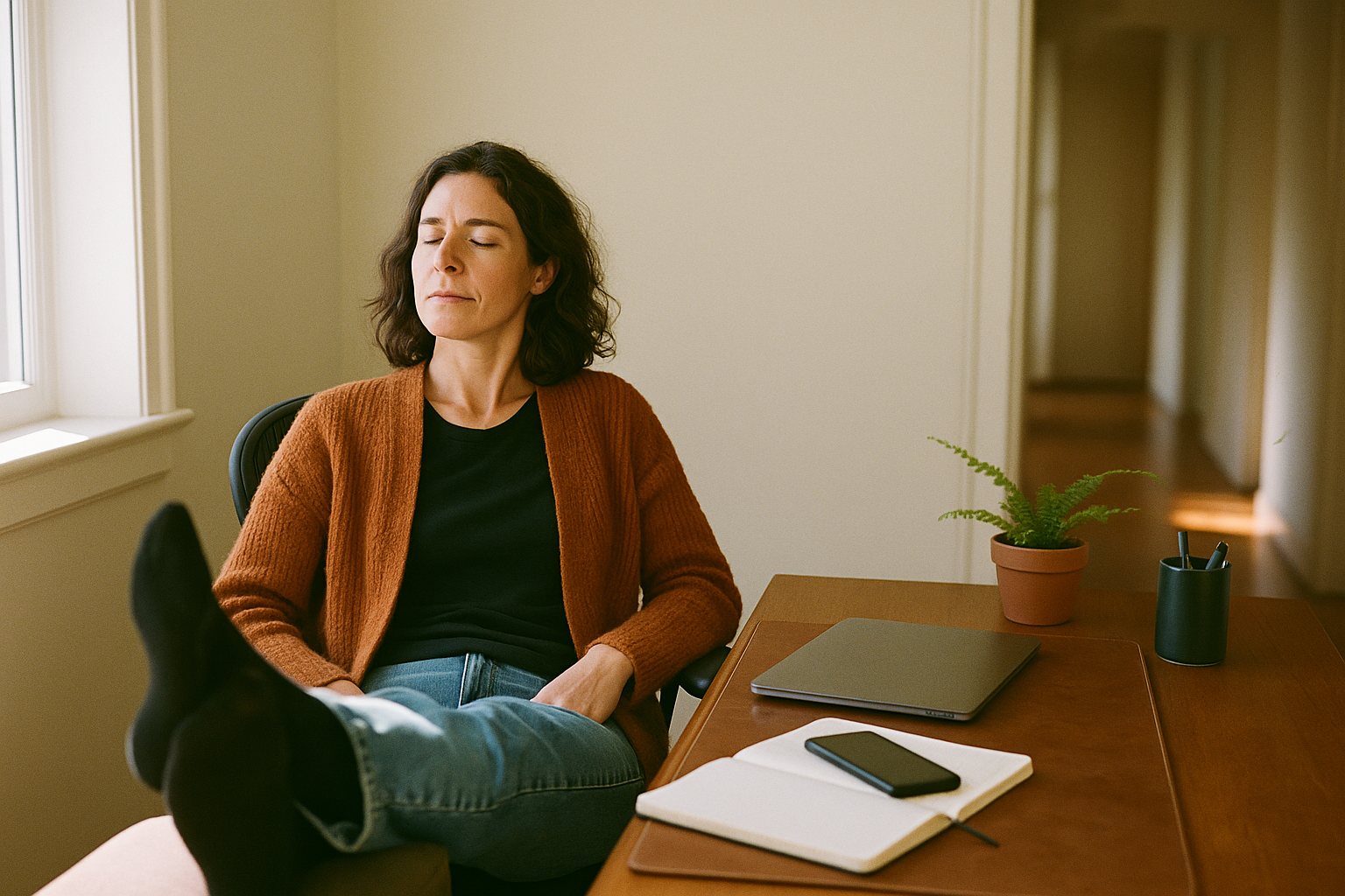 A woman in an orange cardigan relaxes at a tidy sunlit desk with her phone face down beside a closed laptop.