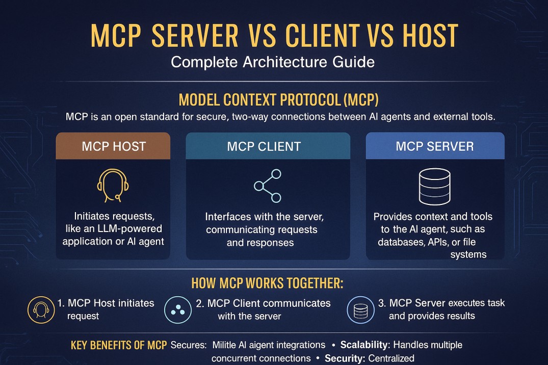 This image illustrates the architecture of the Model Context Protocol (MCP), an open standard for secure, two-way connections between AI agents and external tools. It explains the roles of the MCP Host, Client, and Server: the Host initiates requests akin to an LLM-powered application or AI agent; the Client interfaces with the server, handling communication of requests and responses; and the Server provides context and tools like databases, APIs, or file systems for task execution. The workflow shows the Host initiating a request, the Client communicating with the Server, and the Server executing tasks and returning results. Additionally, key benefits such as securing multiple AI agent integrations, scalability with concurrent connections, and centralized security are highlighted.