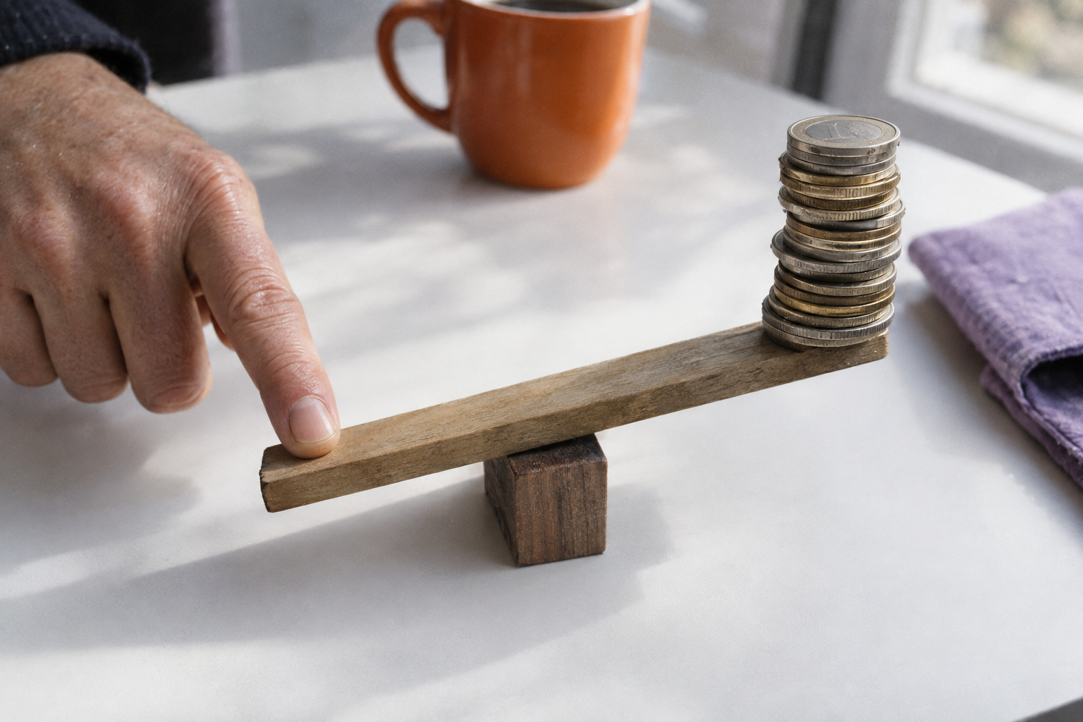 A hand presses one end of a small wooden lever on a white table, lifting a tall stack of coins on the other end.