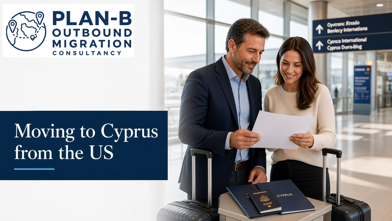 Moving to Cyprus from the US - Plan-B Outbound Migration Consultancy This image features a professional-looking couple at an airport, presumably preparing for their move from the US to Cyprus. Both individuals are engaged in reviewing travel or relocation documents, with two suitcases beside them. Visible on a table is a US passport and a folder labeled 'Cyprus,' indicating the focus on international migration. The top left corner displays the logo for Plan-B Outbound Migration Consultancy, a company that likely provides services to assist with migration processes. The image also includes directional airport signs with references to Cyprus locations, enhancing the travel context. This image is suitable for marketing or informational materials related to migration consultancy services for those relocating to Cyprus from the US.