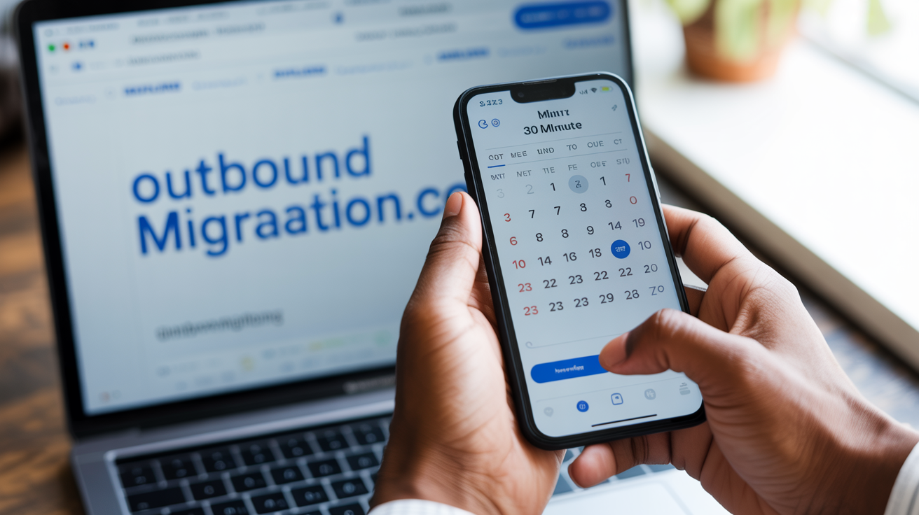 The image shows a person holding a smartphone displaying a calendar app with a focus on scheduling or selecting a date, set to 30 minutes as indicated on the screen. In the background, a laptop screen is visible showing a webpage with the partially readable text 'outbound Migration.com'. This setup suggests a workflow involving planning or scheduling related to migration services or travel arrangements, combining both mobile and desktop resources for efficient time management.