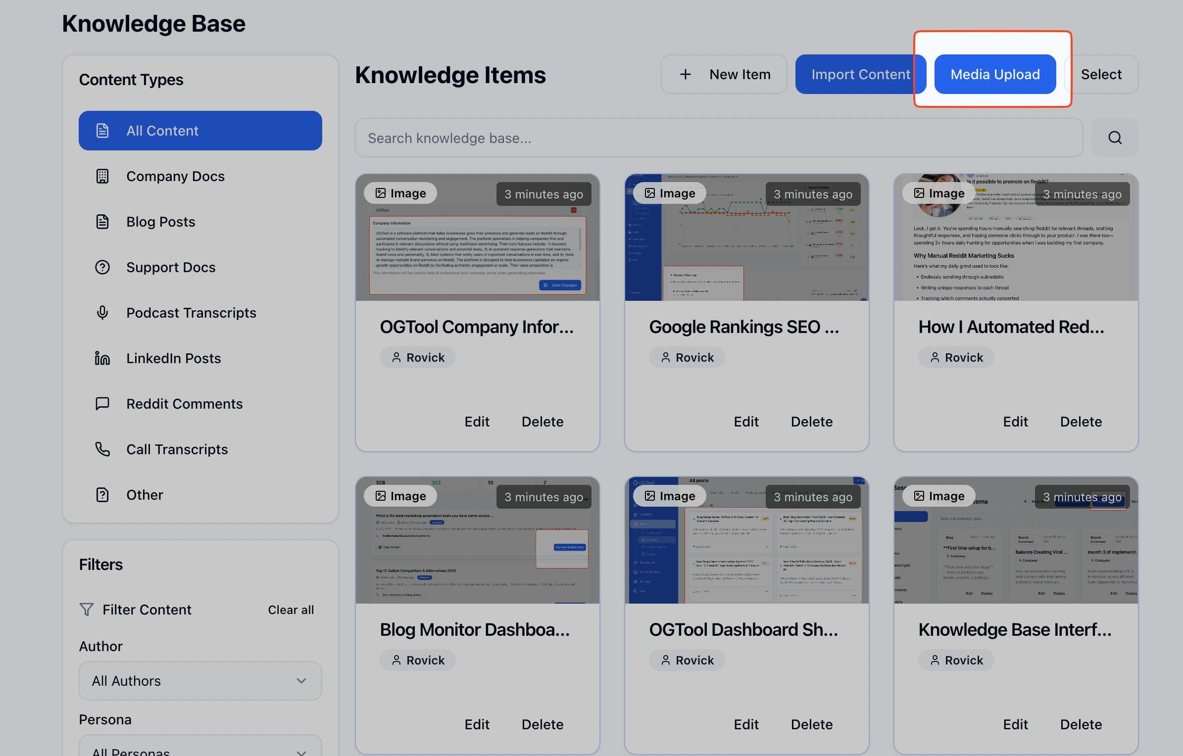 This image displays a knowledge base dashboard interface used for managing various content types such as company documents, blog posts, support documents, podcast transcripts, LinkedIn posts, Reddit comments, call transcripts, and other content. The left sidebar categorizes content types and provides filtering options by author and persona. The main section shows knowledge items with options to edit or delete entries. The top right section includes buttons for adding new items, importing content, and uploading media. Each content card displays a thumbnail preview, an image icon, the uploader's name, and the time since the content was added. This interface is designed to help users efficiently organize, search, and manage knowledge assets in a structured manner.