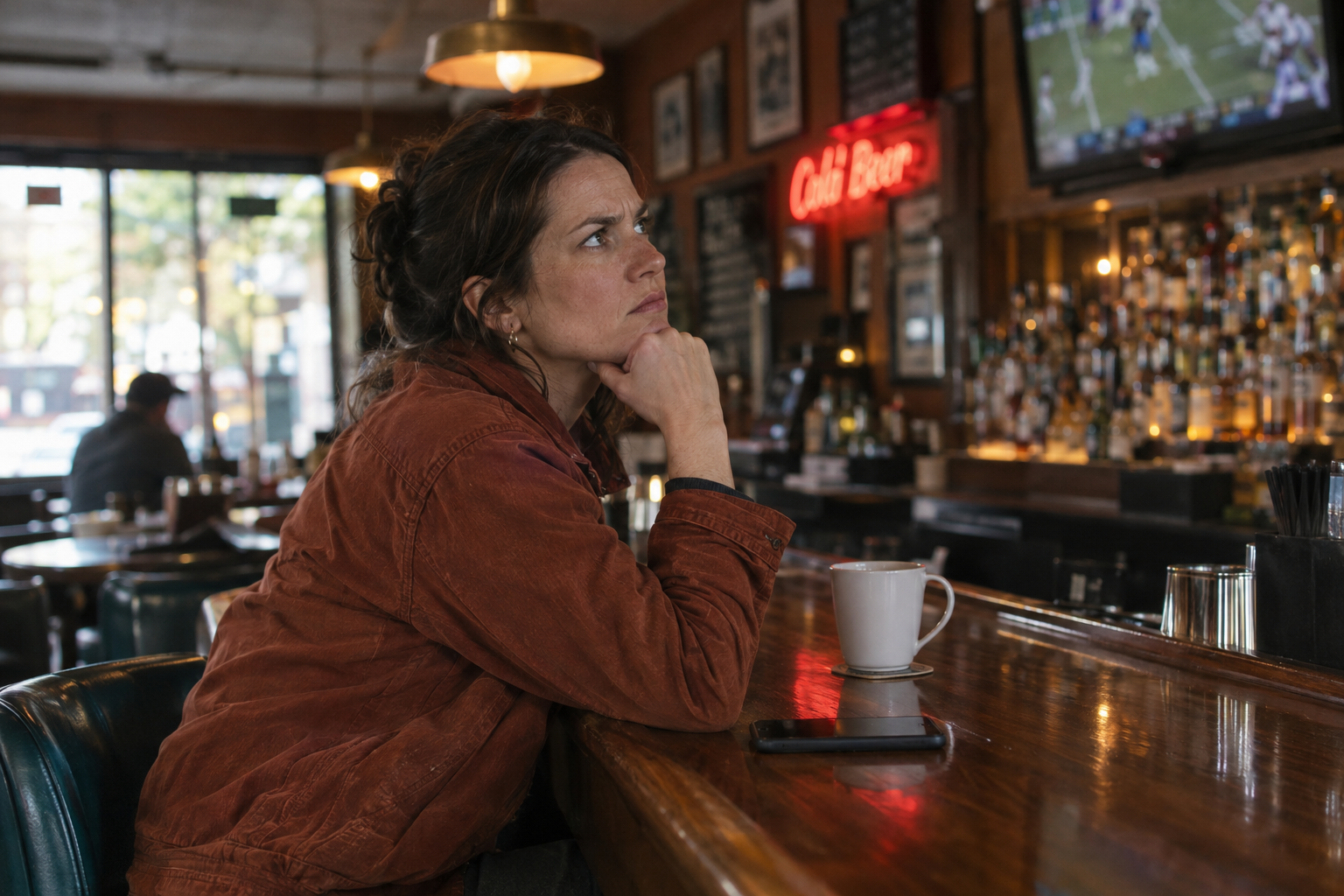 A woman in a rust jacket sits at a warmly lit sports bar counter with coffee and a face-down phone, gazing thoughtfully toward a blurred television.