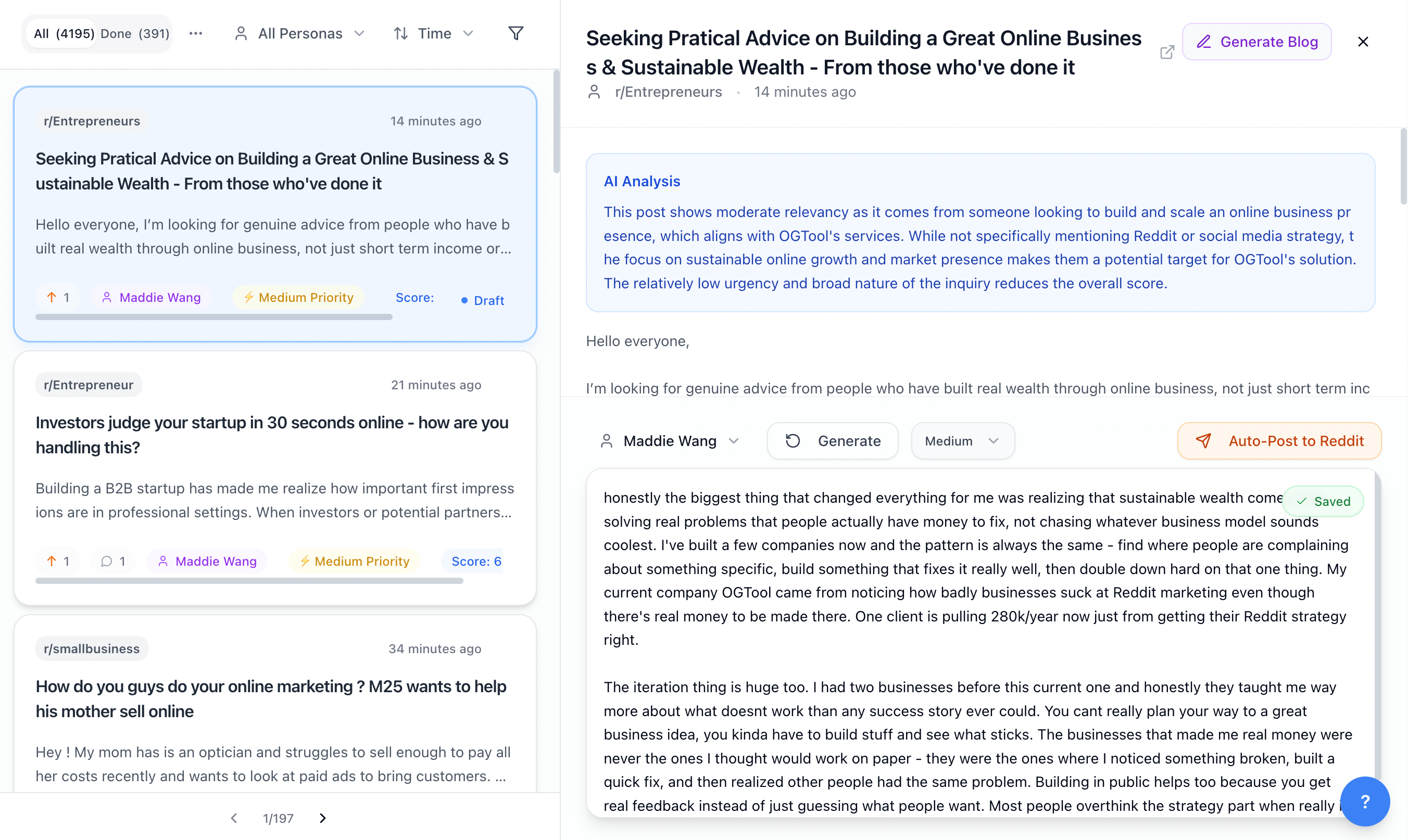 Dashboard View of Reddit Posts Seeking Online Business Advice and Entrepreneurial Insights