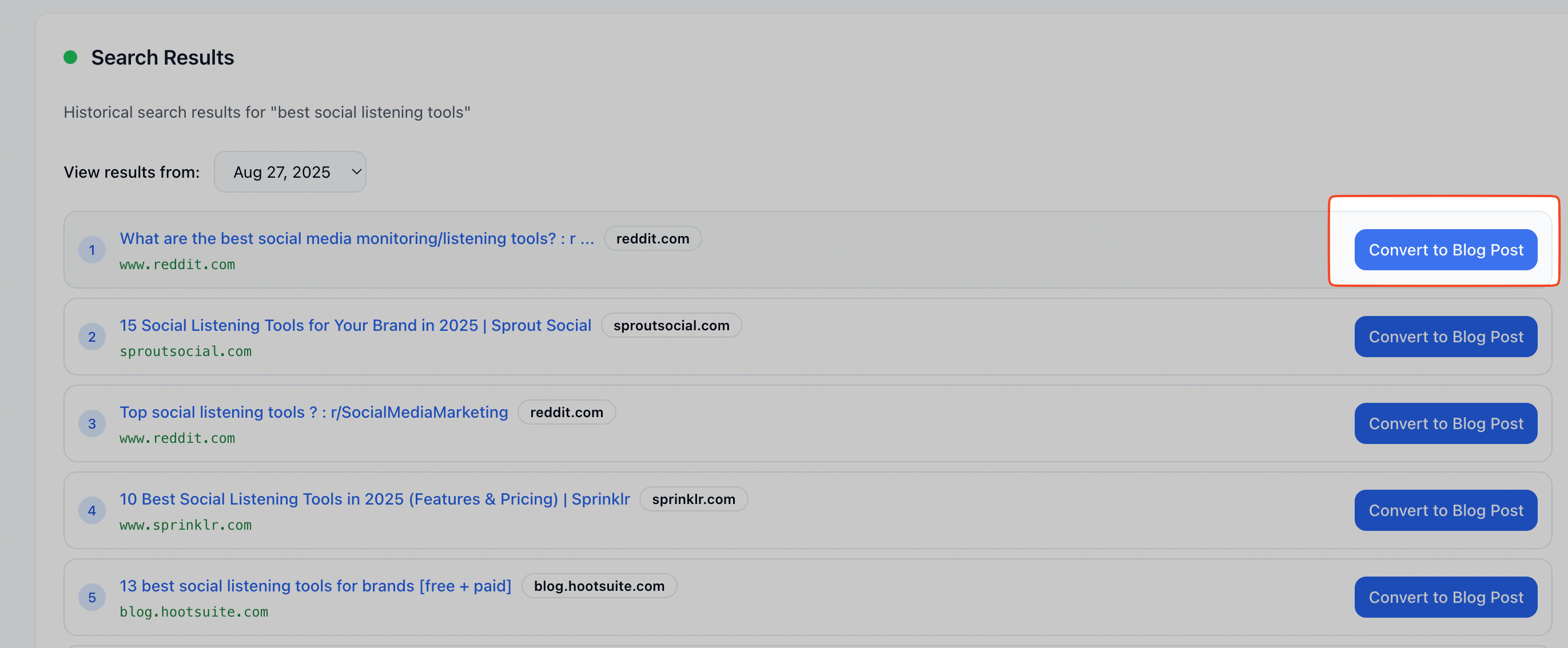 This image shows a search results interface displaying historical search results for the query 'best social listening tools' dated August 27, 2025. The interface lists five search results from various online sources such as reddit.com, sproutsocial.com, sprinker.com, and blog.hootsuite.com. Each result contains the title, source URL, and a blue button labeled 'Convert to Blog Post' indicating an option to transform the search result into a blog post format. This can be useful for content creation workflows and digital marketing research on social media monitoring tools.