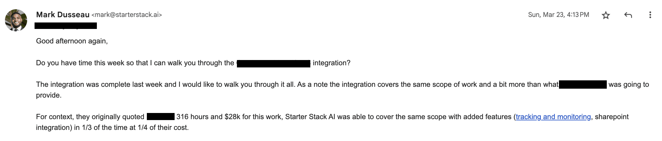 Email Discussing Integration Walkthrough and Cost Efficiency
