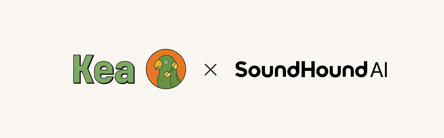 This image displays the logos of Kea AI and SoundHound AI placed side by side with a multiplication symbol in between, suggesting a partnership or collaboration. The Kea logo includes stylized green text accompanied by an illustration of a green parrot within an orange circle, while the SoundHound AI logo features modern black typography. The clean layout and neutral background highlight the two brands equally, making the image suitable for professional documentation or announcements related to AI technology collaborations.