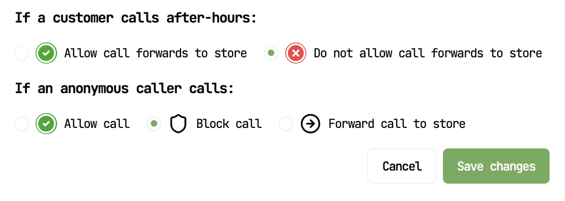 This image shows a user interface for configuring call handling rules in a system. It specifically includes options for managing after-hours calls with a choice to either allow or deny call forwarding to a store. Additionally, it provides settings for handling anonymous callers with options to allow the call, block the call, or forward the call to a store. The interface includes radio buttons for selection and action buttons labeled 'Cancel' and 'Save changes' to apply or discard the modifications. This configuration screen is useful for administrators managing call routing policies to optimize customer service and security.