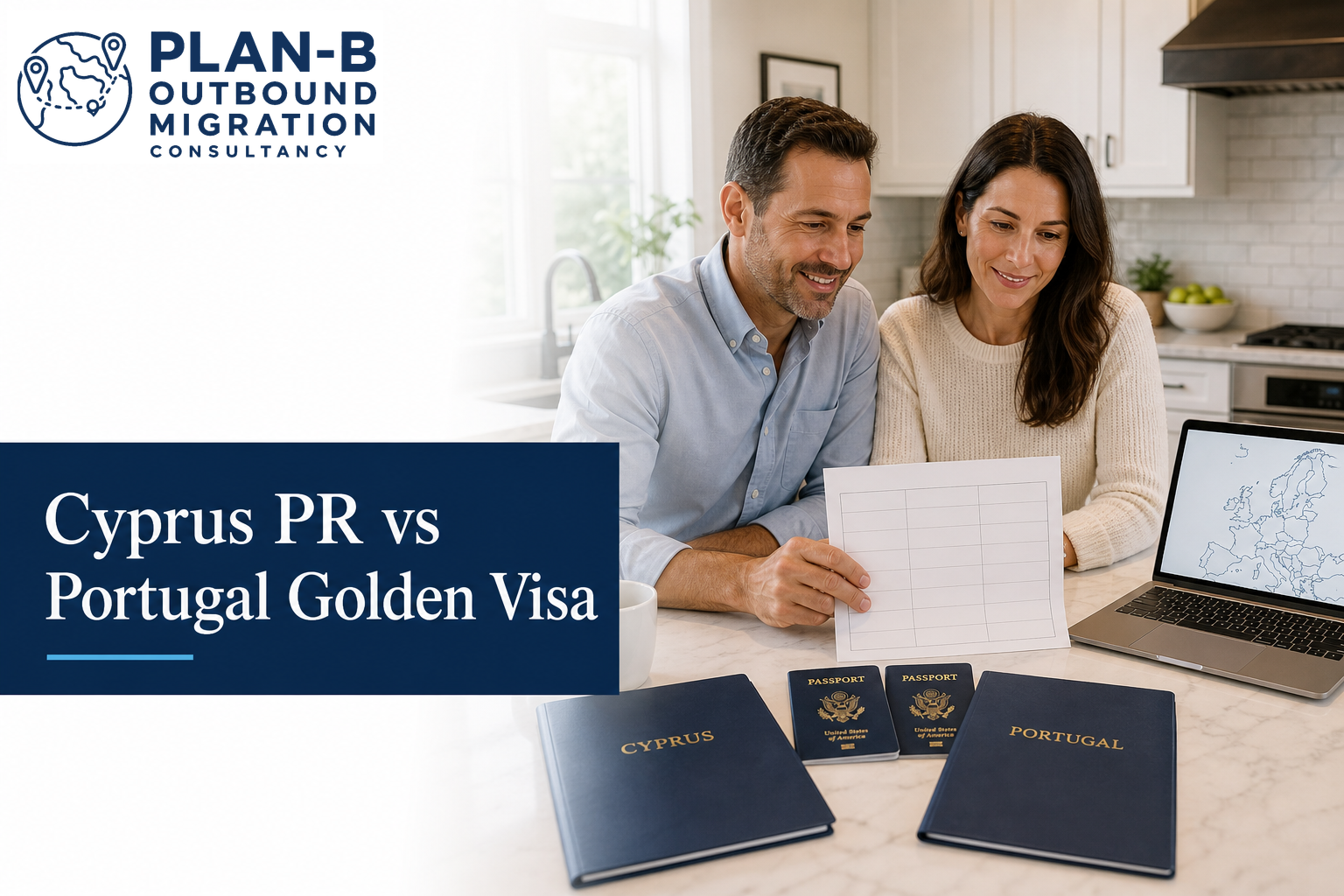 Comparative Analysis of Cyprus Permanent Residency and Portugal Golden Visa Programs This image depicts a couple discussing migration options with supporting documentation, highlighting a comparison between Cyprus Permanent Residency (PR) and Portugal Golden Visa schemes. Visible on the table are two blue folders labeled 'Cyprus' and 'Portugal', alongside two US passports, suggesting a focus on migration consultancy. A laptop screen behind them displays a map of Europe, emphasizing the geographical context. The image is branded with the logo of 'Plan-B Outbound Migration Consultancy', indicating professional advisory services focused on international relocation and investment immigration programs.