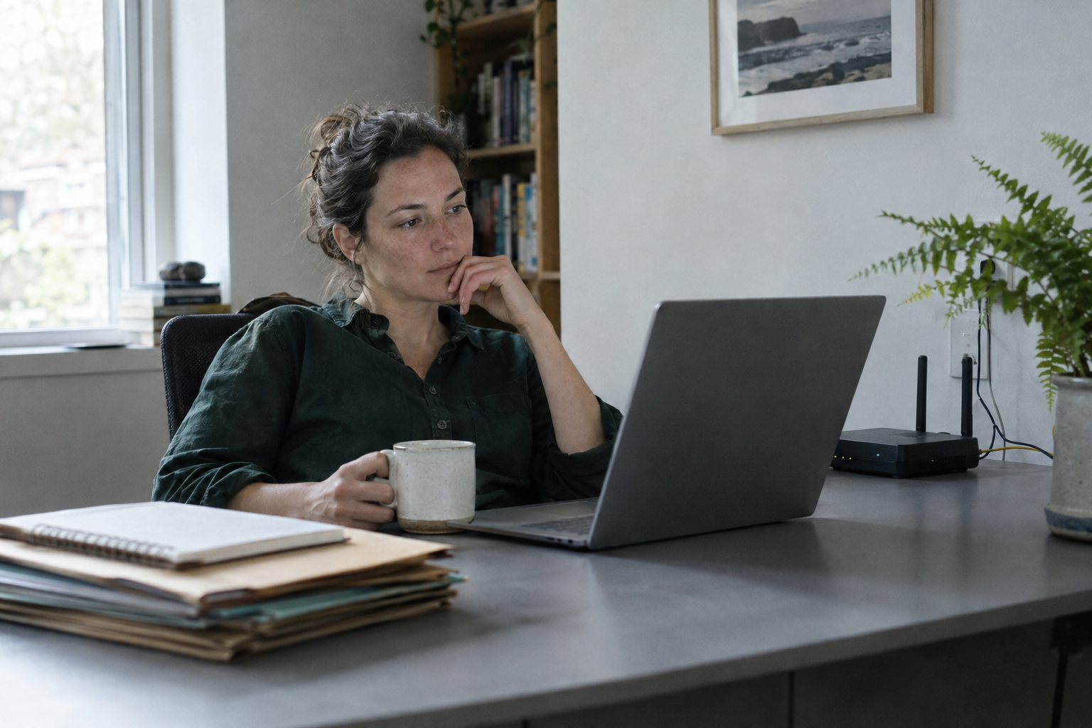 A person in a dark green shirt pauses with coffee at a tidy home office desk with a laptop and small router.