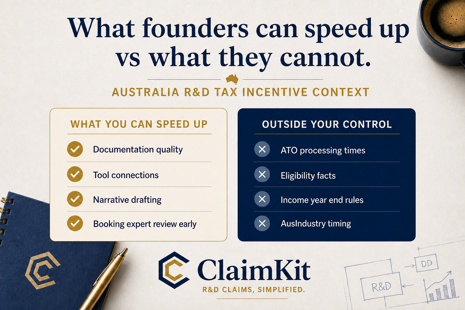 Factors Founders Can Control vs. Factors Outside Their Control in Australia R&D Tax Incentive This image provides a clear comparison for startup founders regarding elements they can influence to speed up the R&D tax incentive process in Australia, versus factors beyond their control. On the left, it lists controllable aspects such as documentation quality, tool connections, narrative drafting, and booking expert reviews early. On the right, it outlines uncontrollable factors including ATO processing times, eligibility facts, income year-end rules, and AusIndustry timing. The image includes branding for ClaimKit, which simplifies R&D claims, and has a professional layout with thematic office elements like a notebook, pen, coffee cup, and a simple R&D process sketch. The visual serves as a helpful guide for founders navigating the Australian R&D tax incentive context.