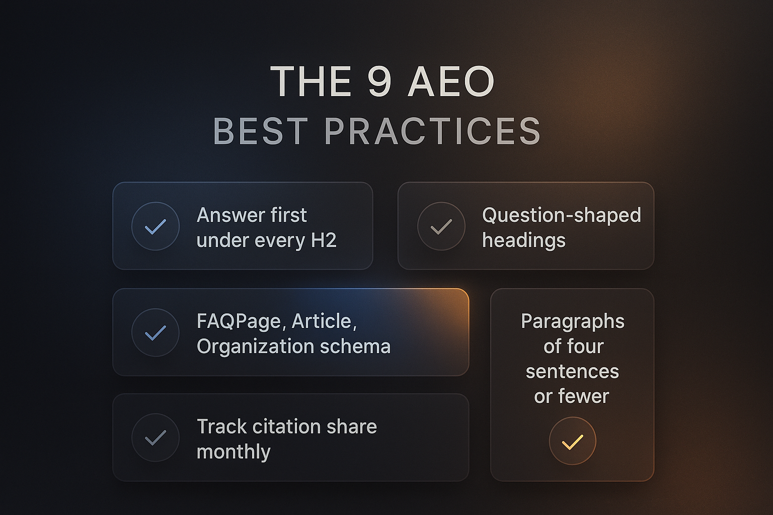Checklist of nine AEO best practices including answer-first writing and schema markup