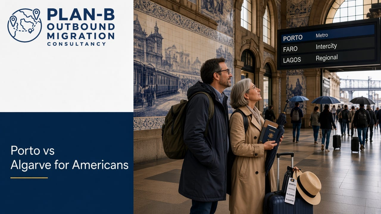 This image features a middle-aged couple standing at a train station with suitcases, looking at a digital signboard listing train routes to Porto, Faro, and Lagos. The background shows Portuguese tile art typical of historic railway stations, indicating a travel or migration theme. The left side prominently displays the Plan-B Outbound Migration Consultancy logo and text reading 'Porto vs Algarve for Americans,' suggesting the content is aimed at American clients considering migration or travel options between these two Portuguese regions. This visual can be used for marketing or informational materials related to migration consultancy services focusing on Portugal.