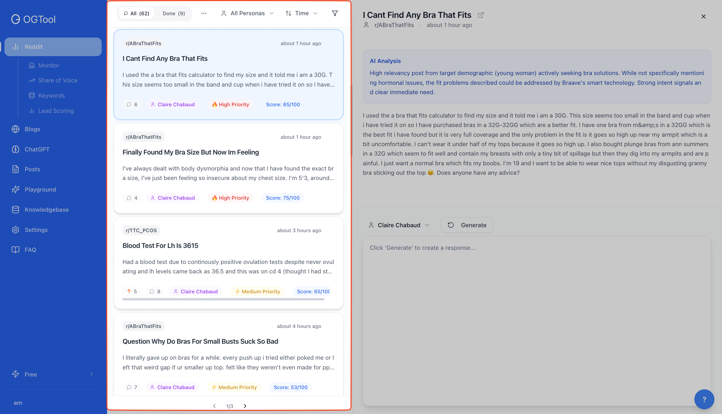 This image displays the OGTool application interface focused on Reddit content related to bra fitting issues. The left panel shows a navigation menu with options like Monitor, Share of Voice, Keywords, Lead Scoring, Blogs, ChatGPT, Posts, Playground, Knowledgebase, Settings, and FAQ. The main content area is divided into two sections: on the left, a list of Reddit posts filtered by criteria such as All (62) and Done (9), with individual posts labeled by subreddit (e.g., r/ABraThatFits, r/TTC_PCOS), priority level, and scoring. The right side reveals the detailed view of a selected post titled "I Cant Find Any Bra That Fits" from r/ABraThatFits, including its full text content, an AI Analysis summary highlighting user intent and relevancy, and an interface to generate responses attributed to Claire Chabaud. This interface is designed for monitoring user-generated content, applying AI analysis for insights, and facilitating response management within community engagement or customer support workflows.