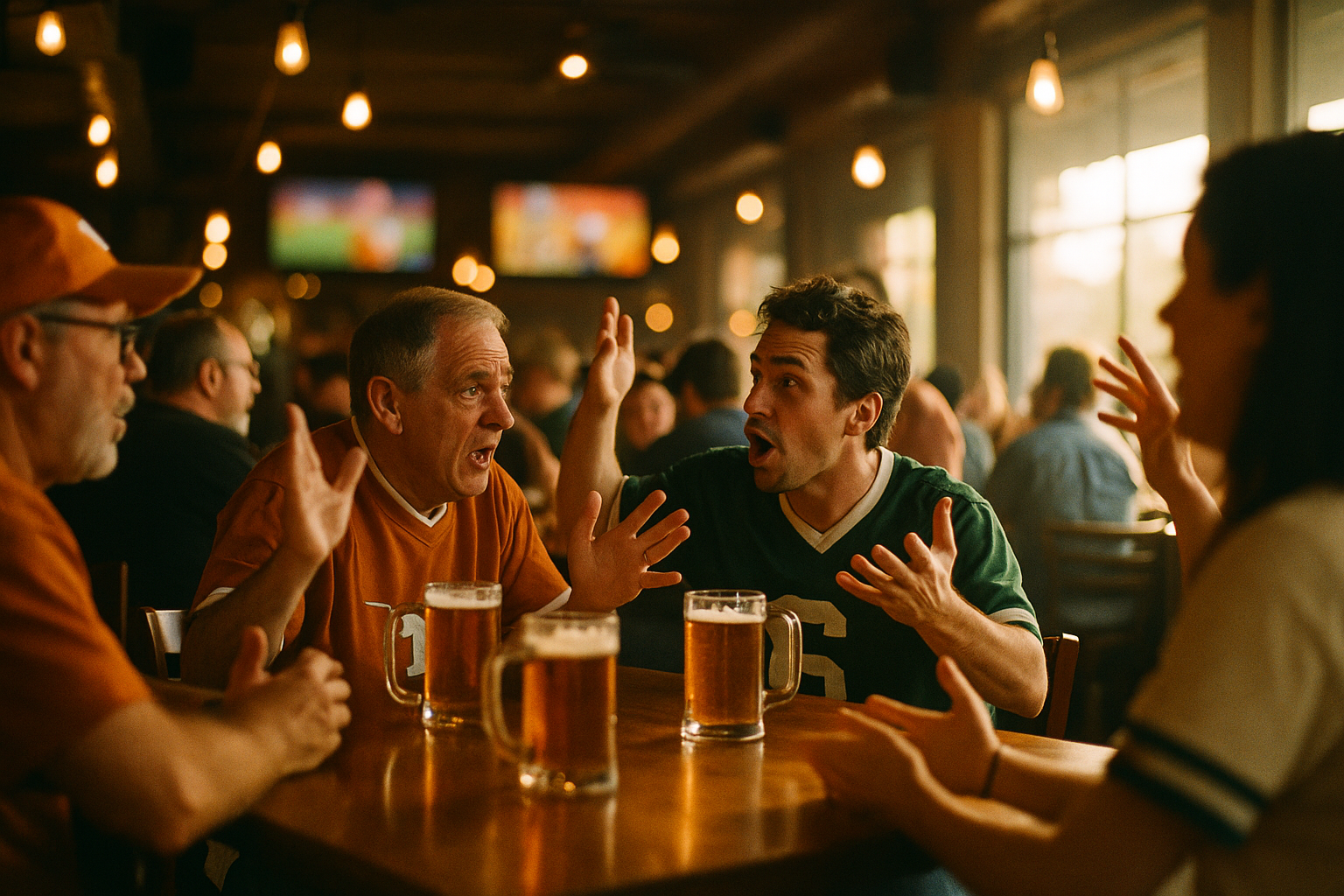 Patrons in orange and green jerseys debate a game in a warmly lit sports bar with blurred televisions behind them.